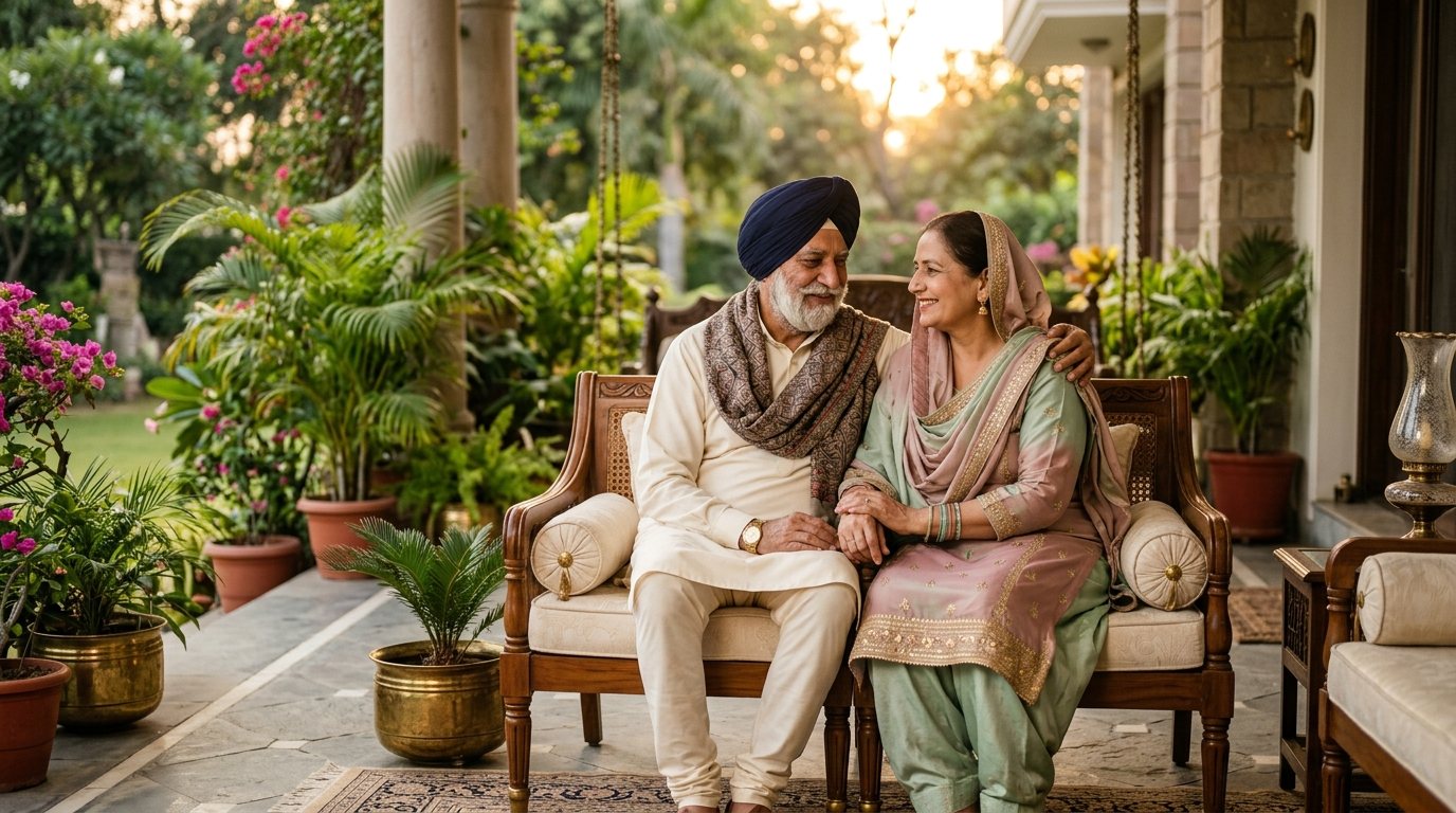 Elderly Sikh parents together at their home